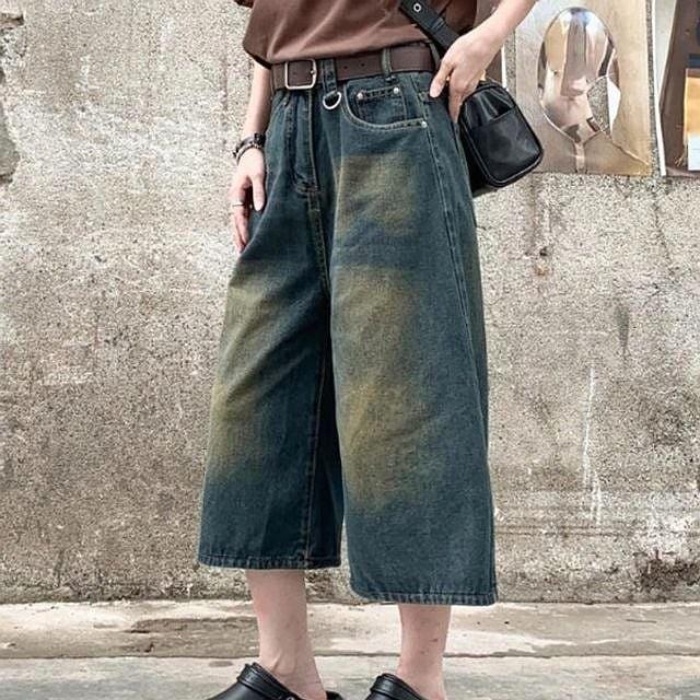 4색 팬츠 통바지 여름 7부 청반바지 데님 여성 와이드핏
