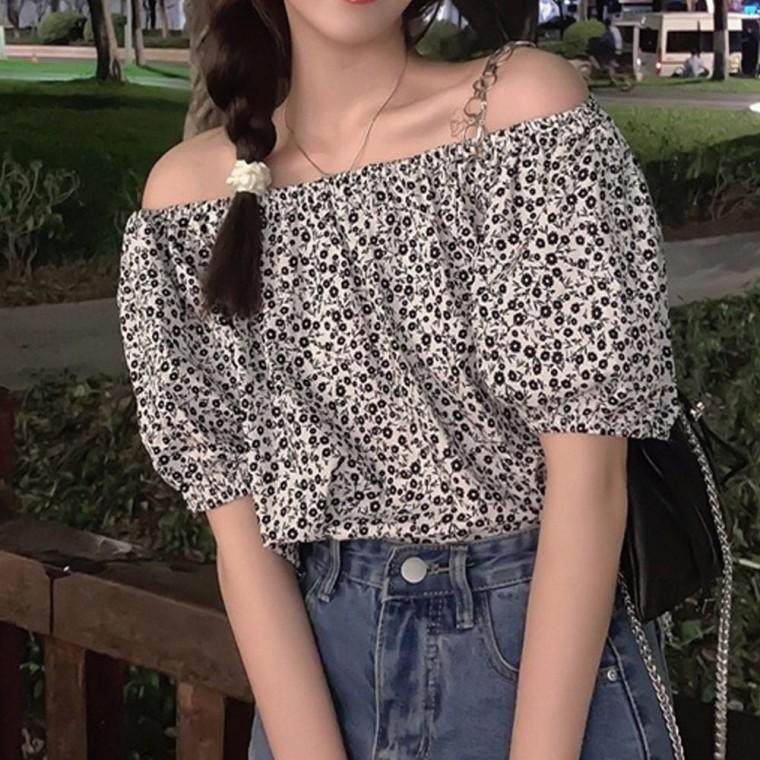 상 어깨 블라우스 여성 잔꽃무늬 여름 오프숄더 밴딩