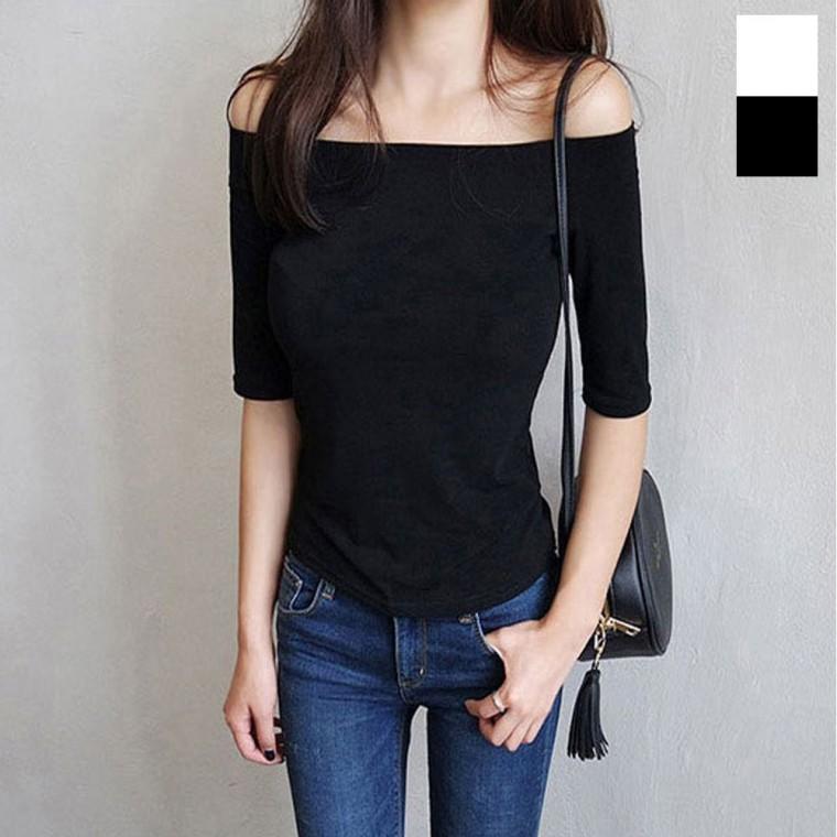 입술넥 티셔츠 와이드 오프숄더 여름티 7부소매 여성