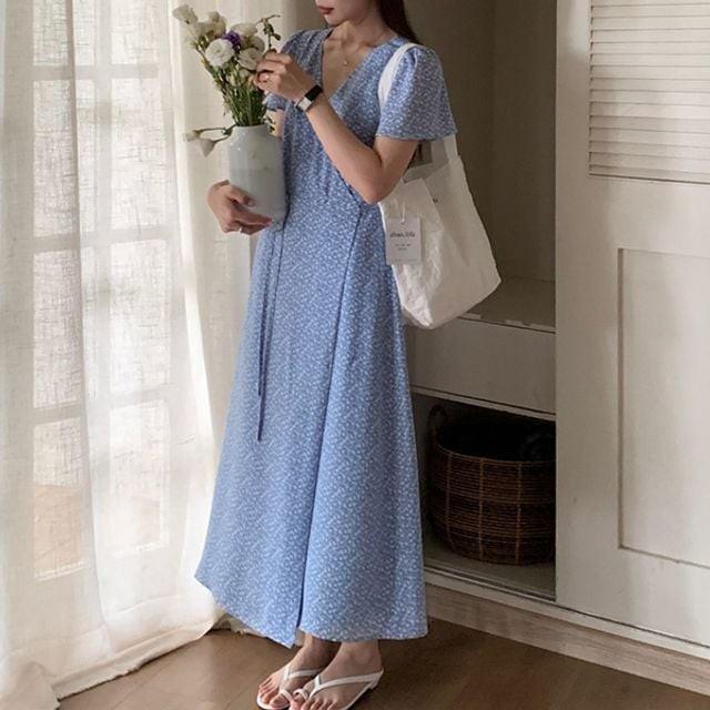 여성 브이넥 랩스타일 여름 플라워 롱원피스 패턴 데일리룩