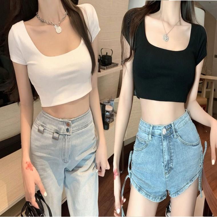 여자 스퀘어넥 티셔츠 이너 반팔 크롭 슬림핏 여름