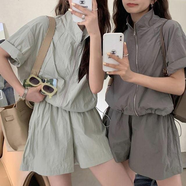 4색 바람막이 여성 데일리 여름 집업 셋업 반바지 반팔