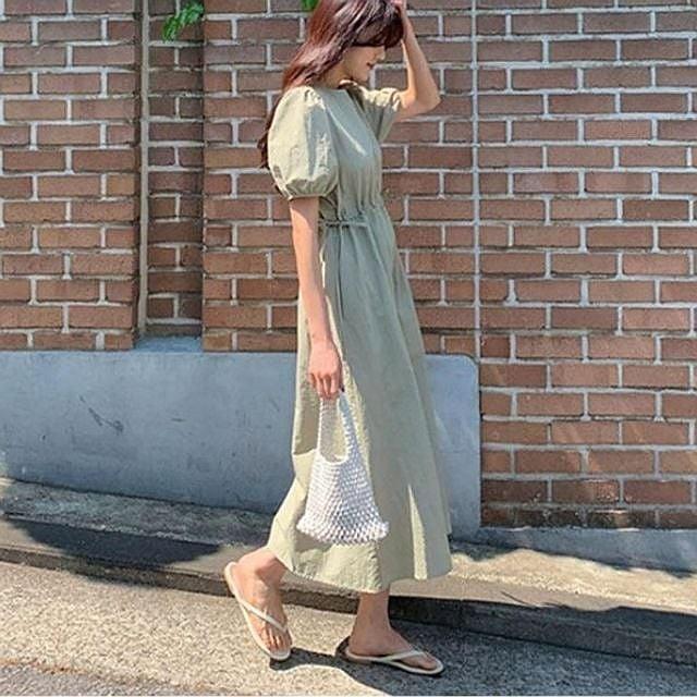 원피스 3색 여성 여름 허리스트링 드레스 반팔 퍼프소매