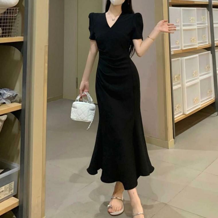 여름 머메이드 퍼프 하객룩 블랙 반팔원피스 여성