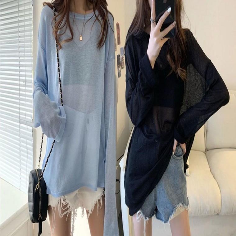시스루 티 티셔츠 여자 얇은 여름 루즈핏 긴팔 비치는