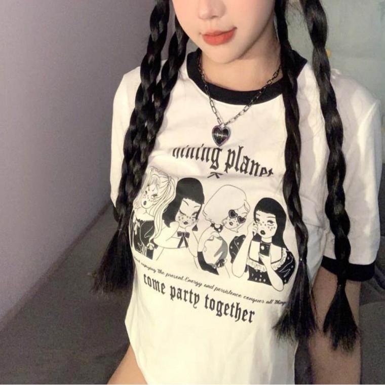 크롭 링거티 여름 배색 상의 여자 프린팅 반팔티
