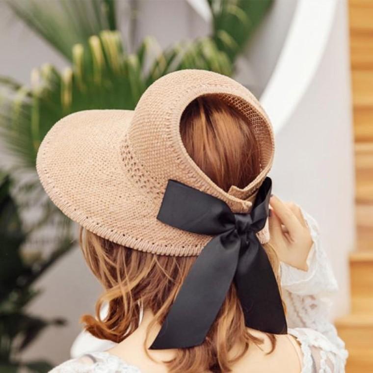 뒷리본 여성 썬 캡 휴대용 돌돌이 썬 캡 비치 라탄