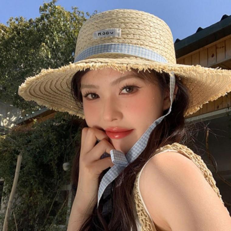 여름 밀짚 여성 소다 체크 피크닉 선캡 모자 썬캡