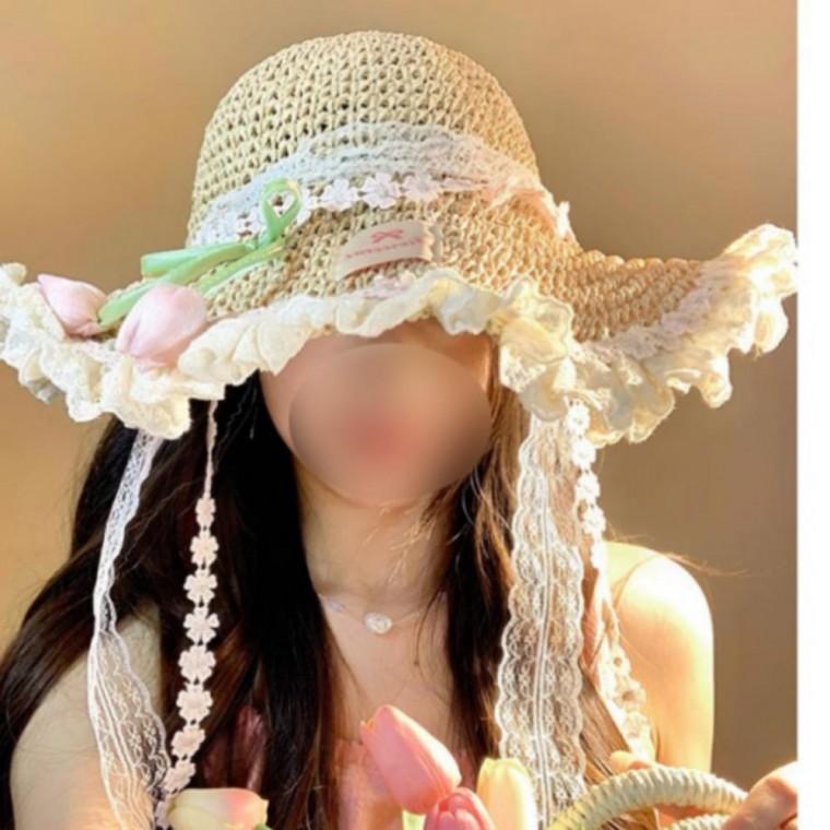 휴양지 버킷햇 썬캡 핑크 플라워 라탄 벙거지 모자
