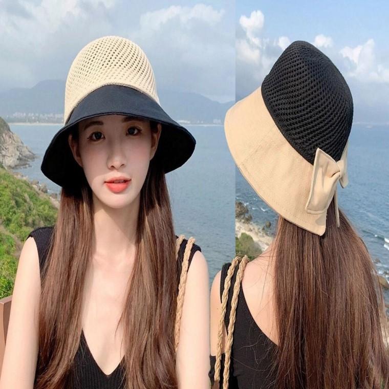 메쉬 리본 썬캡 라탄 바닷가 라피아햇 여름 버킷햇