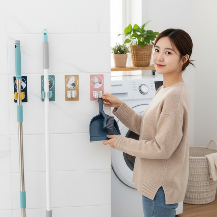 다용도 밀대걸레 정리대 무타공 벽걸이 거치대 청소도구 수납 홀더