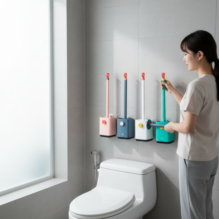 벽면 부착형 실리콘 변기솔 위생적인 욕실 청소용 솔 무타공 거치대 세트