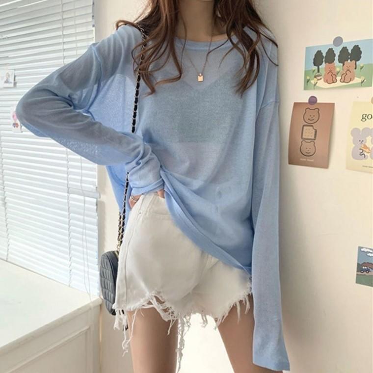 긴팔 비치웨어 티셔츠 시스루 여름 여자 얇은 루즈핏