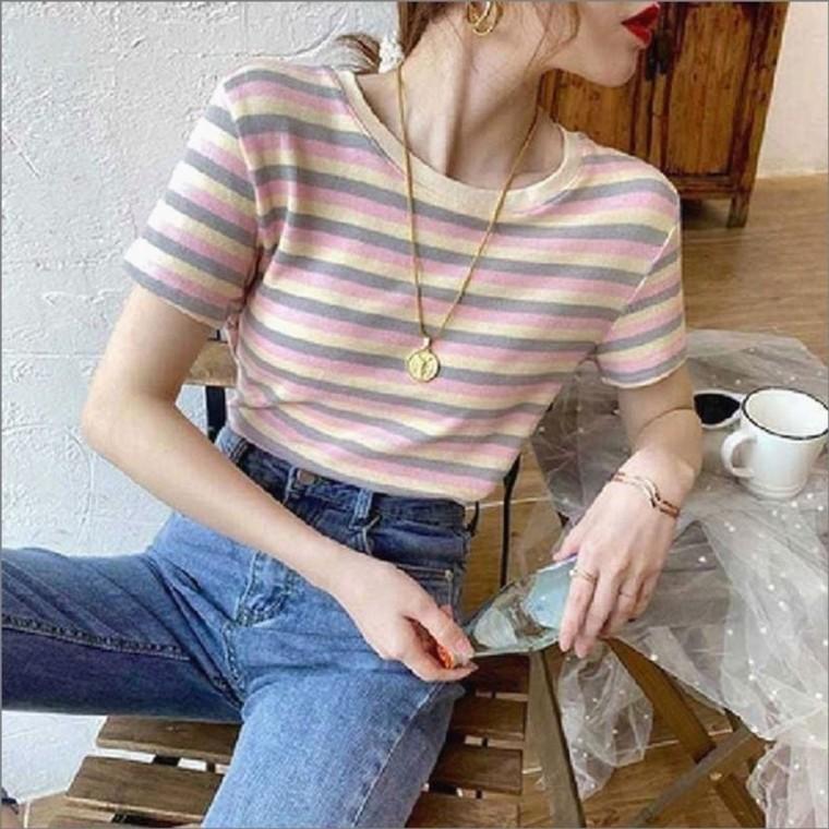 여름 파스텔 티셔츠 단가라 배색 여자 스트라이프 반팔