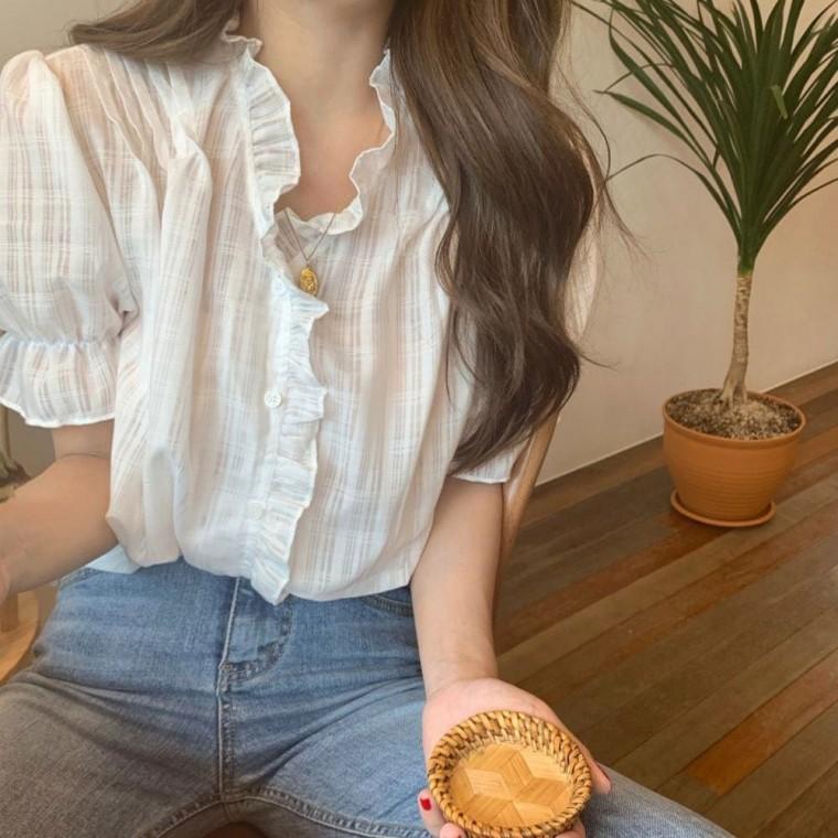 얇은 루즈핏 여성 V넥 블라우스 반팔 여름 프릴