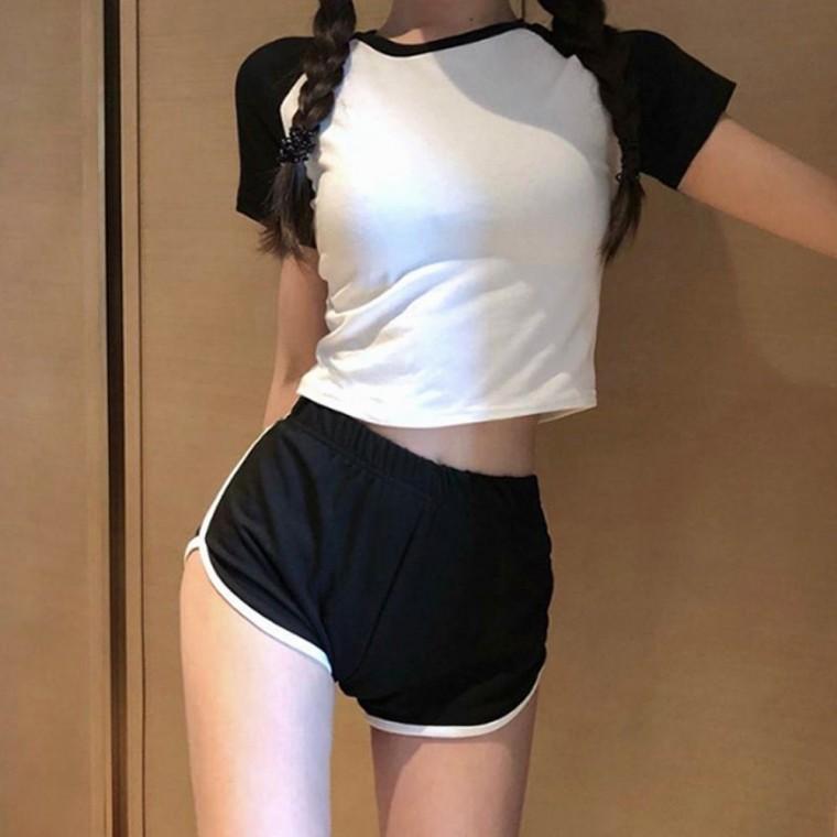 배색 반팔티 나그랑 배꼽티 여름 여자 크롭 슬림핏