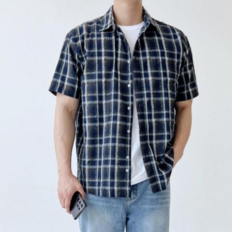 남성 여름 체크 가볍고 시원한 반팔 남방 여유핏 아우터 린넨 코튼 오버핏 셔츠