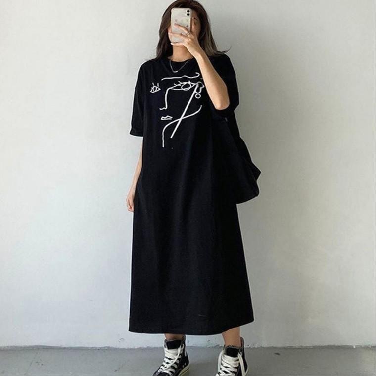 프린팅 데일리 원피스 얼굴 반팔 루즈핏 여자 롱 여름