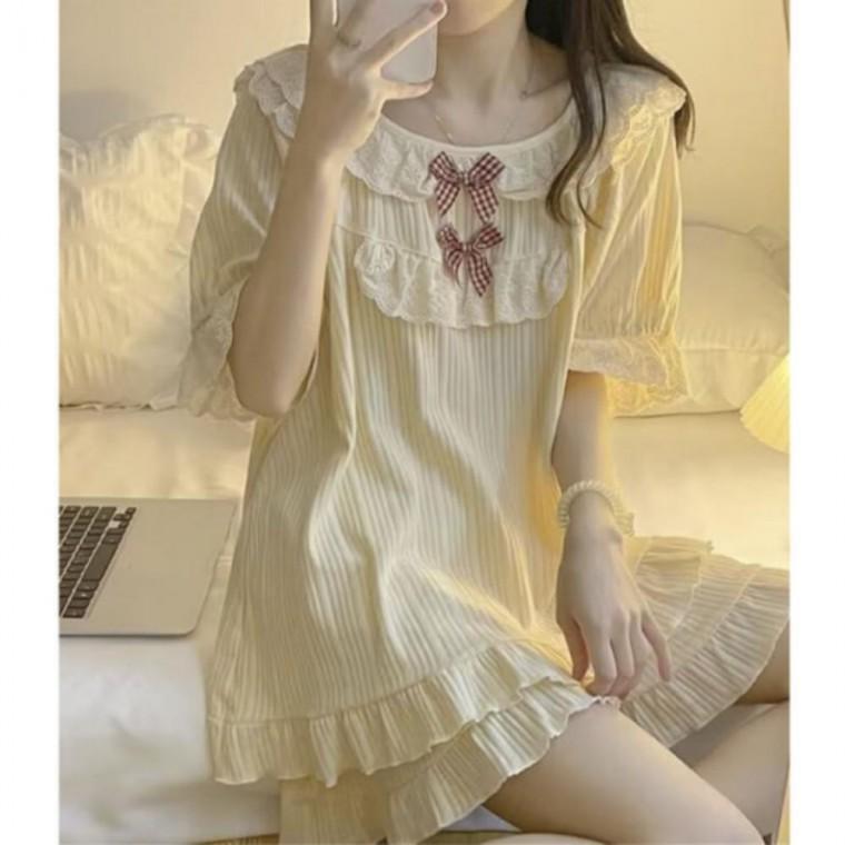 여성 여름 리본 레이스 홈웨어 수면잠옷 파자마 시원한 반팔 잠옷