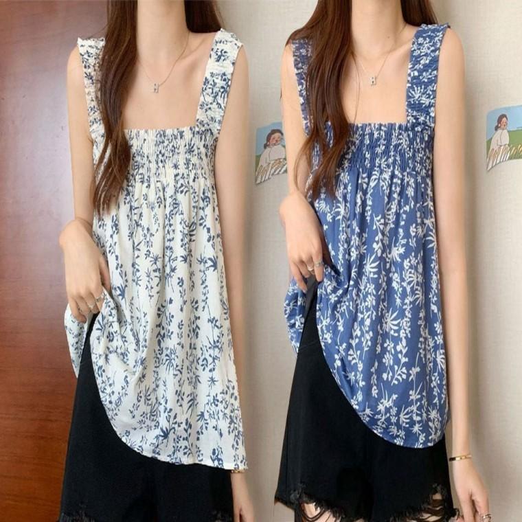 민소매 스모크 나시 여름 패턴 밴딩 플라워 여성