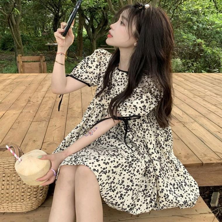여성 러블리 미니원피스 퍼프소매 플라워패턴 여름