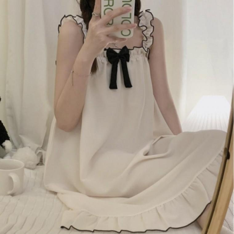 여성 여름 프릴 나시 잠옷 리본 오버핏 원피스 수면잠옷 홈웨어 무지