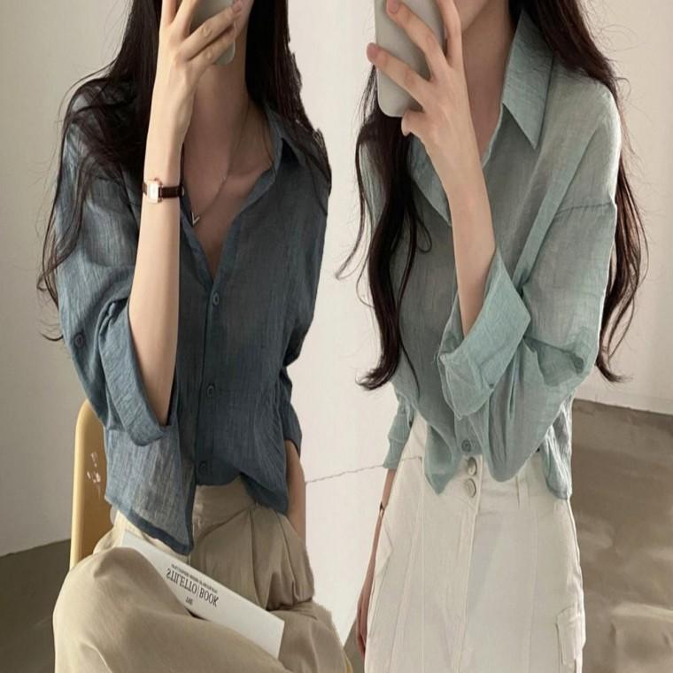 크롭 남방 셔츠 거즈면 블라우스 여성 여름 시스루