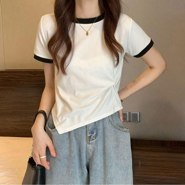 여성 허리꼬임 슬림핏 배색 2컬러 티셔츠 반팔티 여름