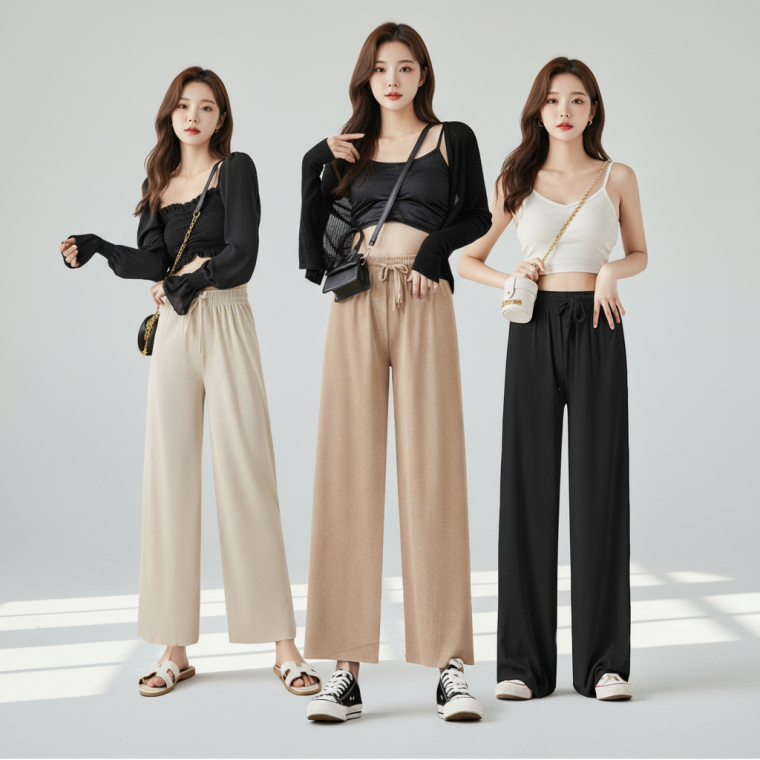 여름 냉감 찰랑이는 밴딩 와이드 팬츠 여성 통바지 데일리룩