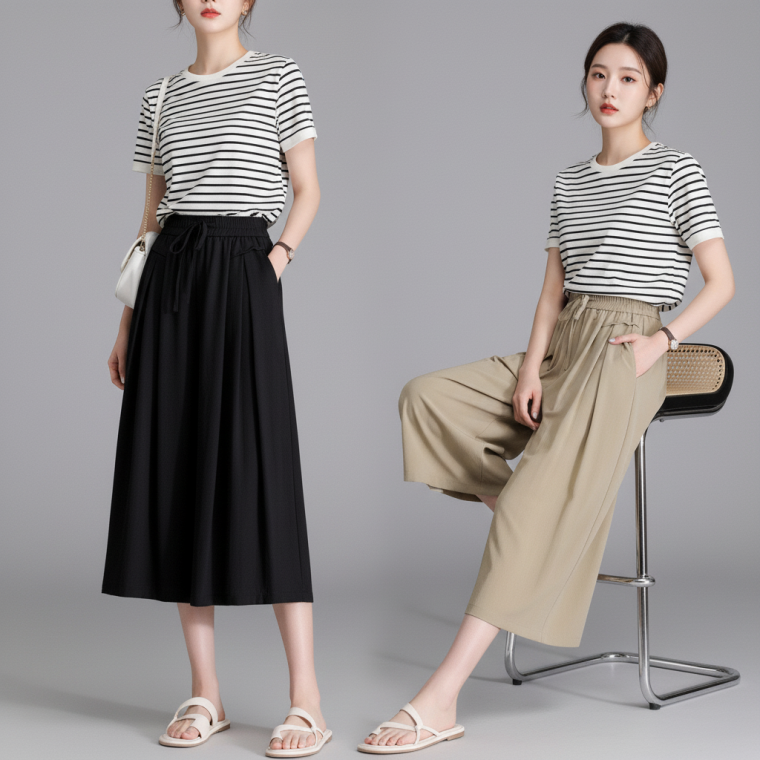 여성 여름 쿨링 와이드 롱 치마바지 허리밴딩 통바지 데일리룩