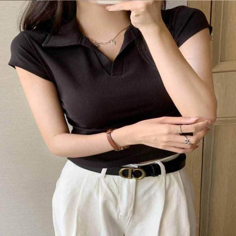 여자 베이직 브이넥 캡소매 여름 반팔티셔츠 오픈카라