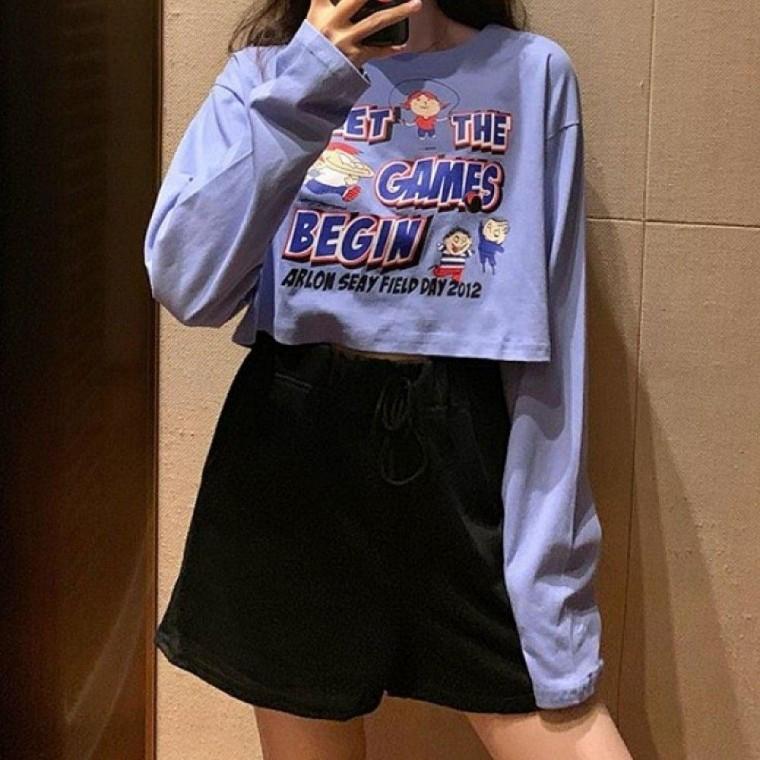 여성 크롭 긴팔티 캐릭터 티셔츠 캐릭터긴팔티 데일리캐릭터티 여름긴팔티 캐주얼긴팔티 페미닌롱티 크롭티