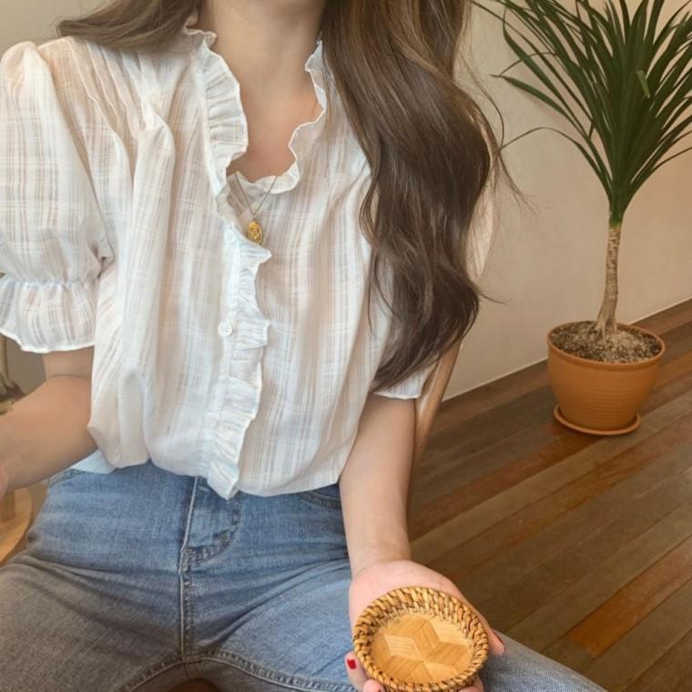 루즈핏 여름 얇은 반팔 프릴 V넥 여자 블라우스