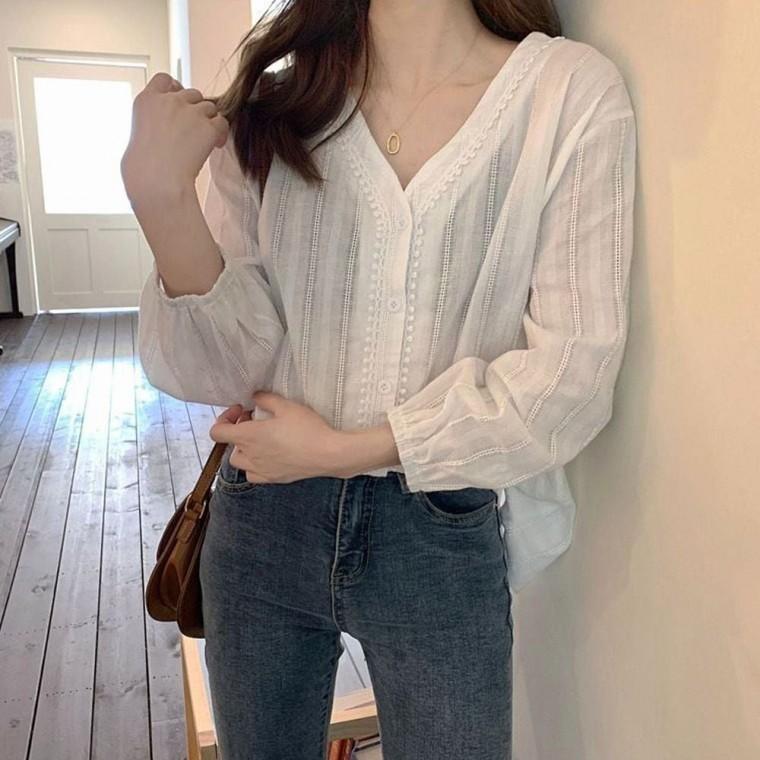 단정한 블라우스 차이나넥 여자 셔츠 자수 여름