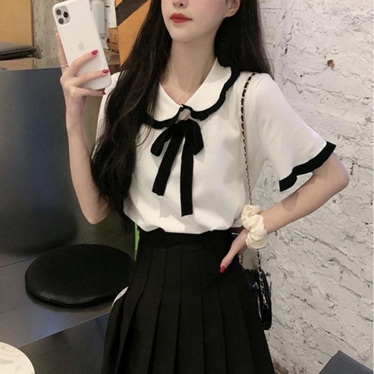 여름 여자 프릴 러블리 리본 반팔 2색 블라우스 카라