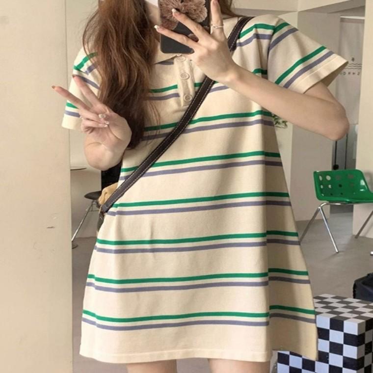여성 여름 반팔카라 스트라이프 원피스 배색 꾸안꾸