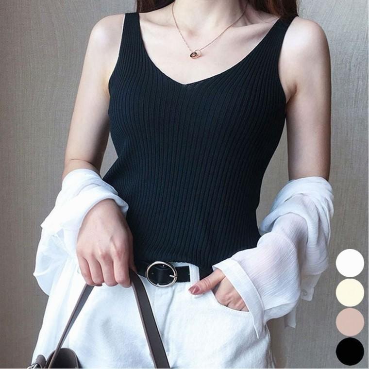 나시 슬림핏 골지 우아한 여자 브이넥 여름 민소매