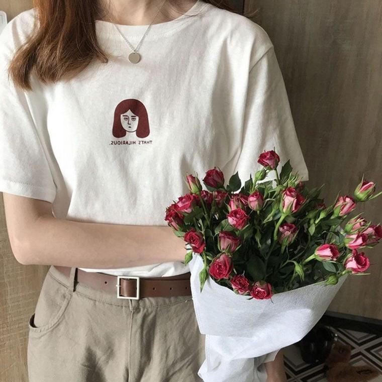 캐주얼 박스 단발머리 루즈핏 티셔츠 여자 반팔 여름