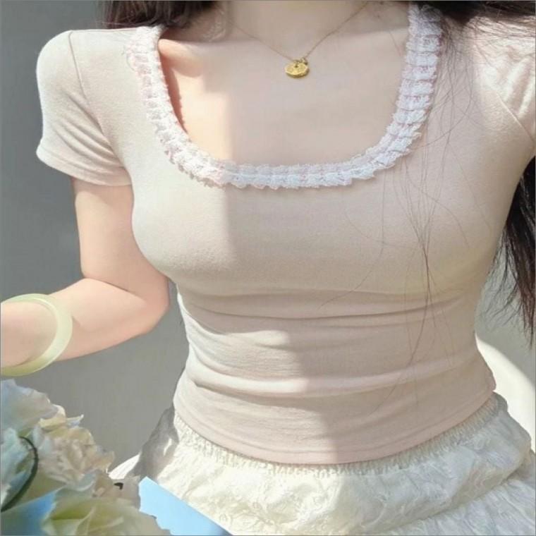 레이스 반팔 티셔츠 캡소매 슬림핏 크롭티 여름 여자