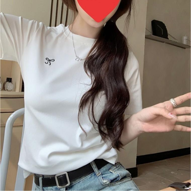 여름 티셔츠 라운드넥 여자 슬림핏 리본 포인트 반팔