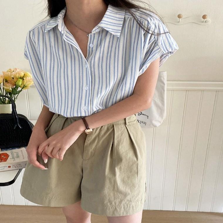 얇은 남방 반팔셔츠 스트라이프 여성 여름 블라우스