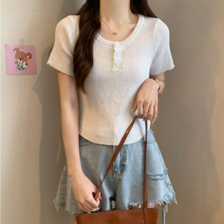 상의 데일리 썸머니트 라운드넥 단추 4색 반팔 여성 여름