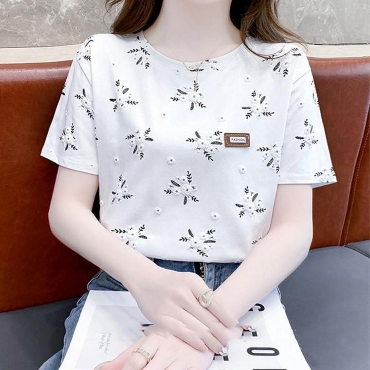 반팔 자수 티셔츠 상의 여성 입체 패턴 플라워 여름