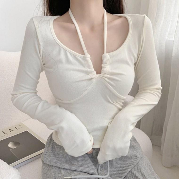 티셔츠 여자 여름 슬림핏 티셔츠 홀터넥 긴팔 스트랩
