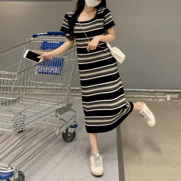 2색 롱원피스 반팔 여름 여자 단가라 데일리 스퀘어넥