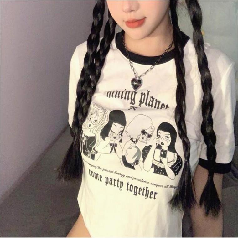 반팔티 여자 링거티 프린팅 여름 크롭 상의 배색