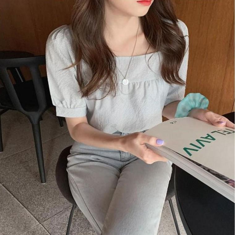 반팔 체크 여성 스퀘어넥 여름 크롭티 티셔츠 셔링