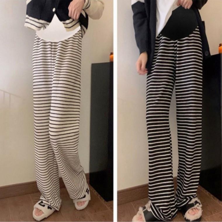 일자 2색 여자 여름바지 통바지 허리밴딩 단가라 팬츠