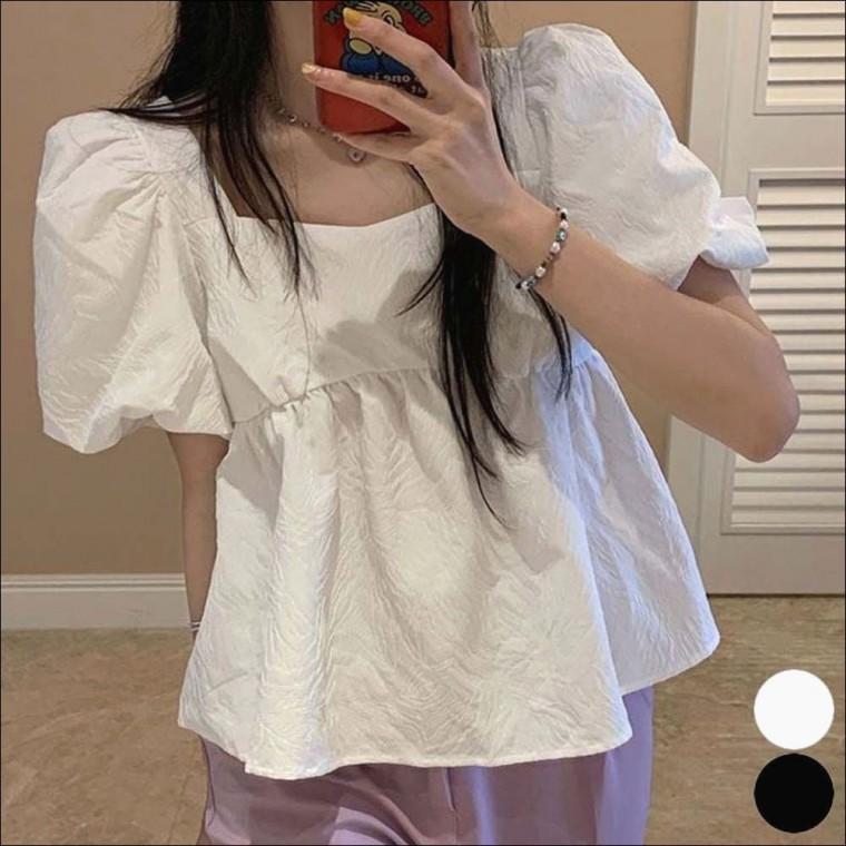반팔 청순 여름 스퀘어넥 블라우스 퍼프 여자 시원한