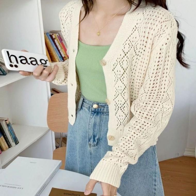 여름 캐주얼 가디건 아우터 브이넥 여자용 펀칭 니트